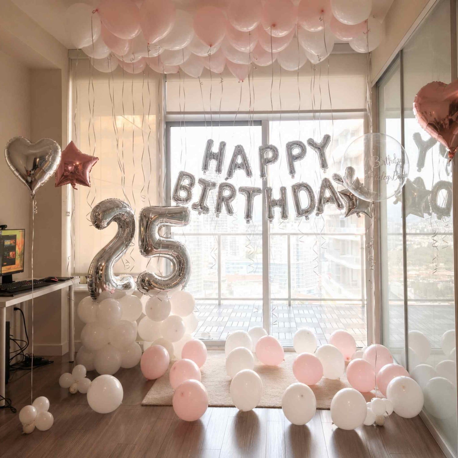 Birthday celebration with balloons and 'Happy Birthday' and number '25' balloons in a room.