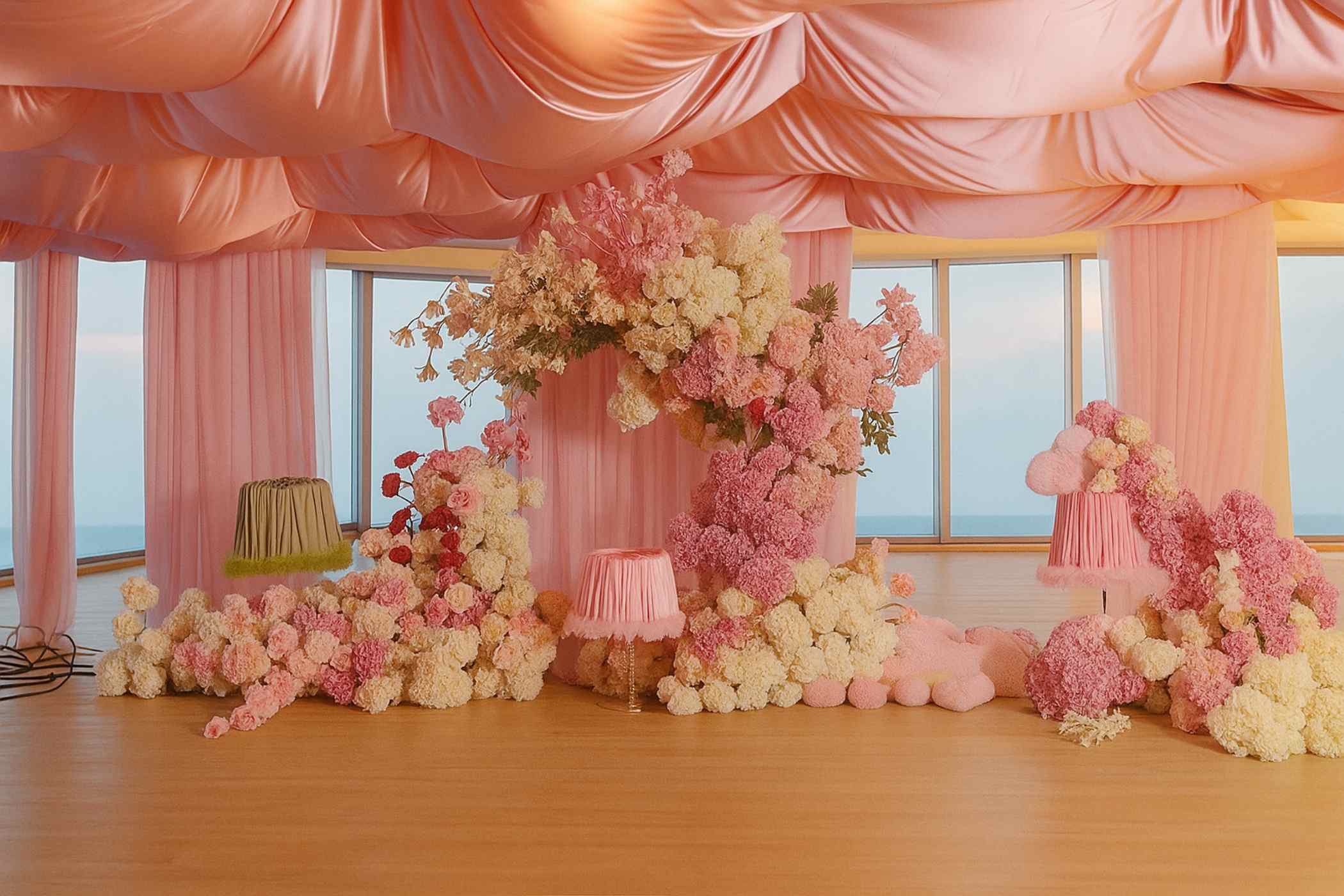 Decorative floral arch with pink and white flowers in a room with large windows.