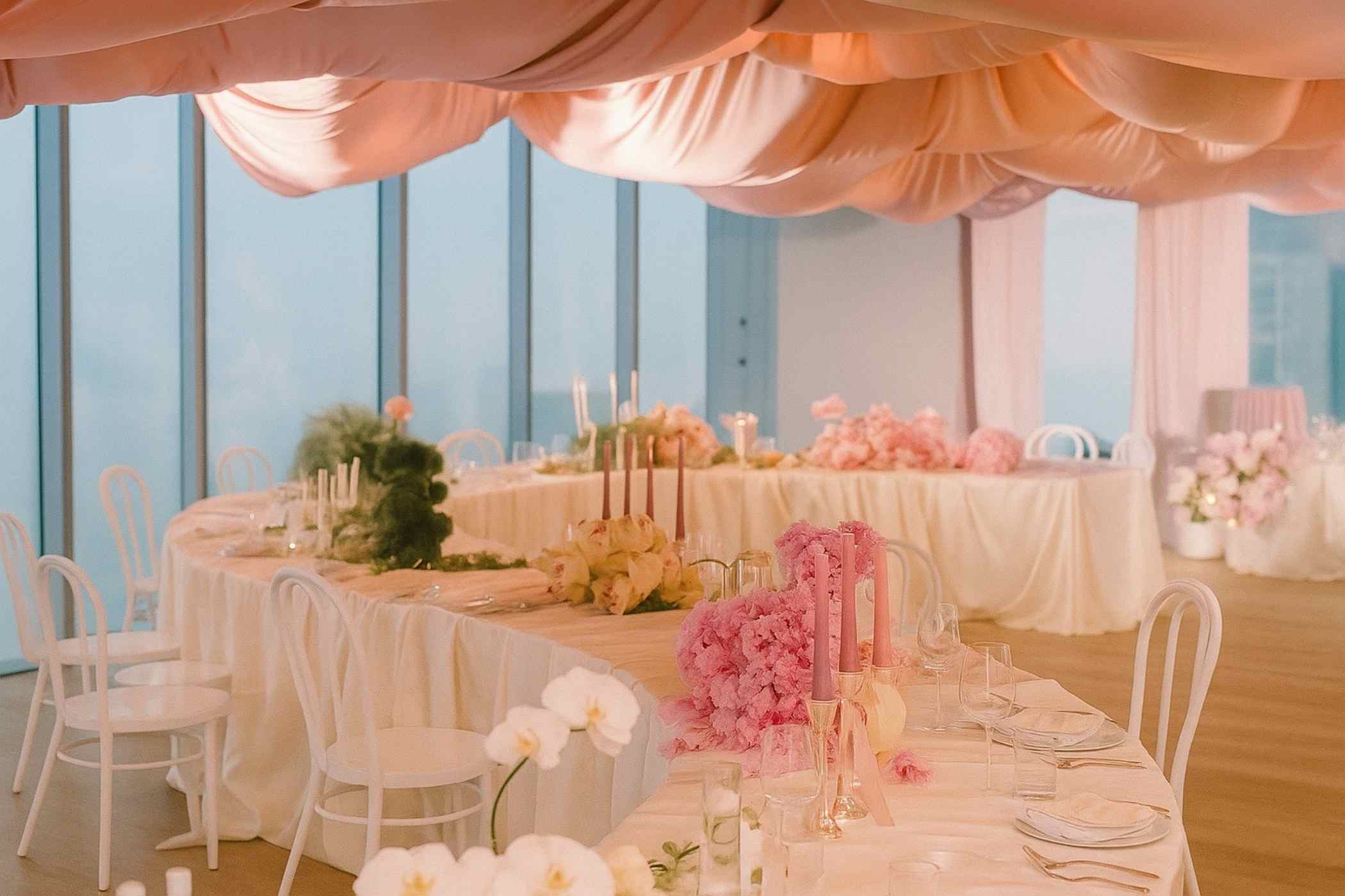 Decorated event space with tables set for a meal, featuring pink floral arrangements and white chairs.