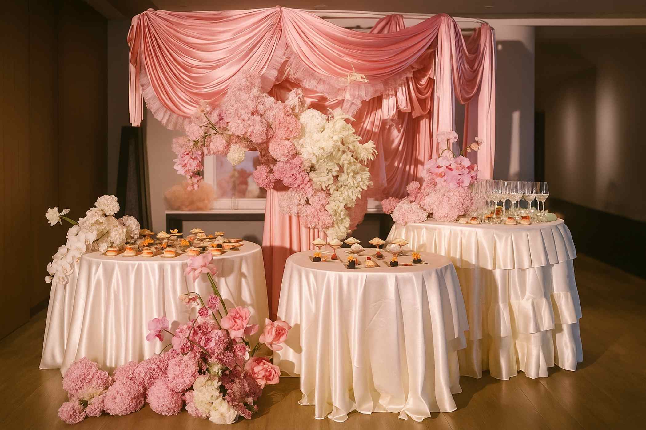 Decorated dessert table with pink and white floral arrangements and ruffled tablecloths.