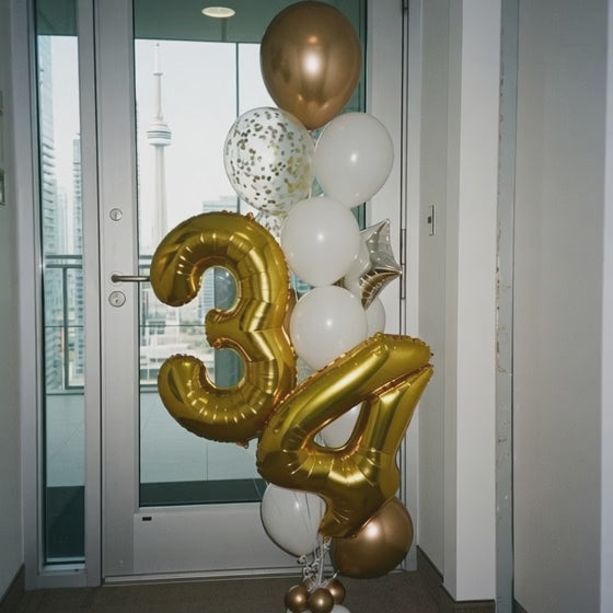 Gold foil numbers with balloons delivered to an apartment oneupparty