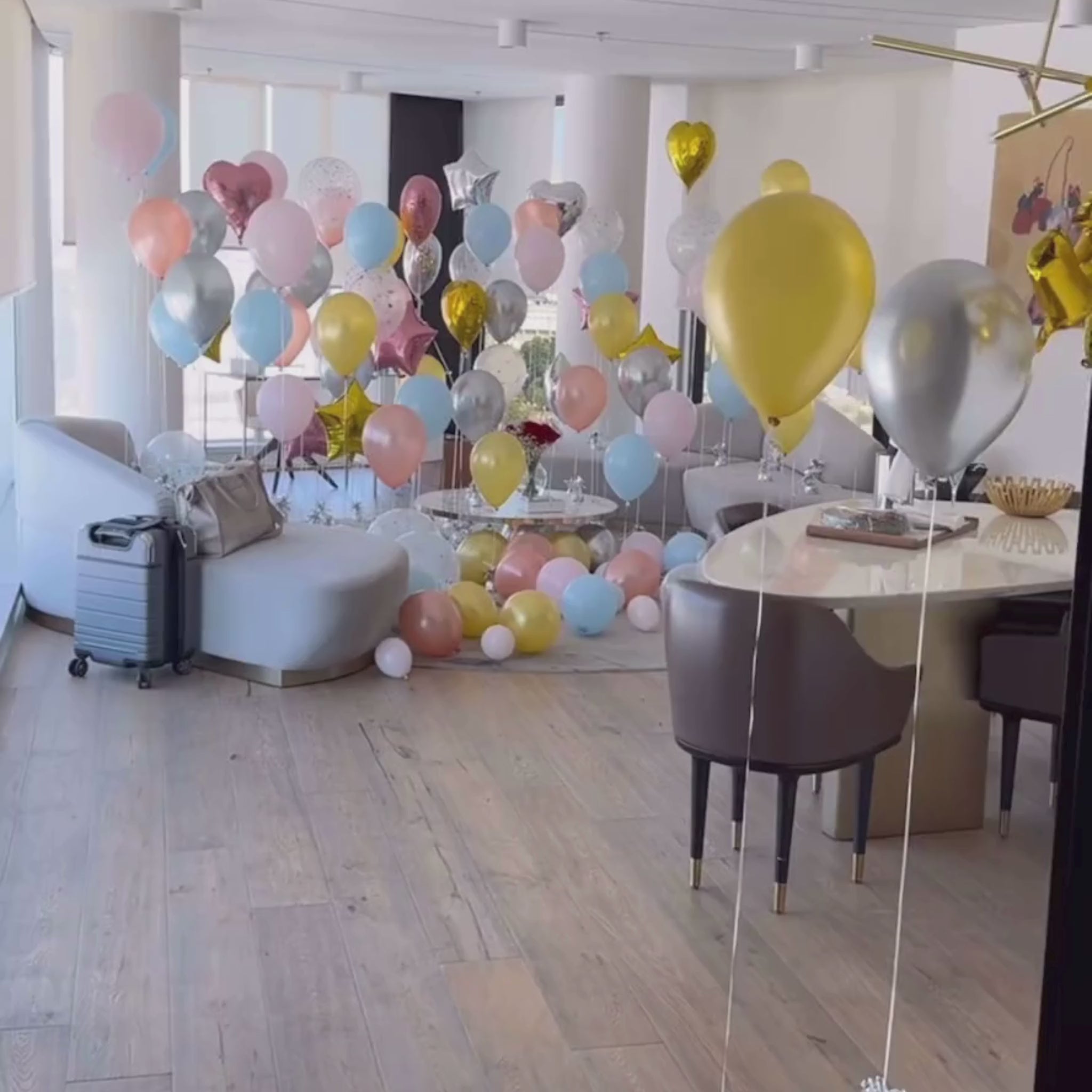 Load video: Balloon Décor package at hotel, pink, gold, blush color.