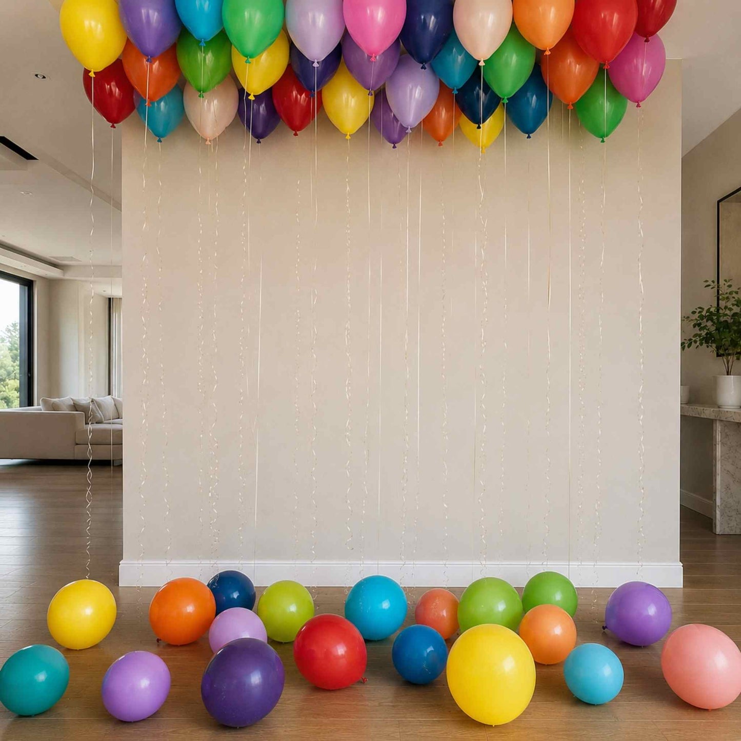 Colorful balloons on a wooden floor with a neutral wall background