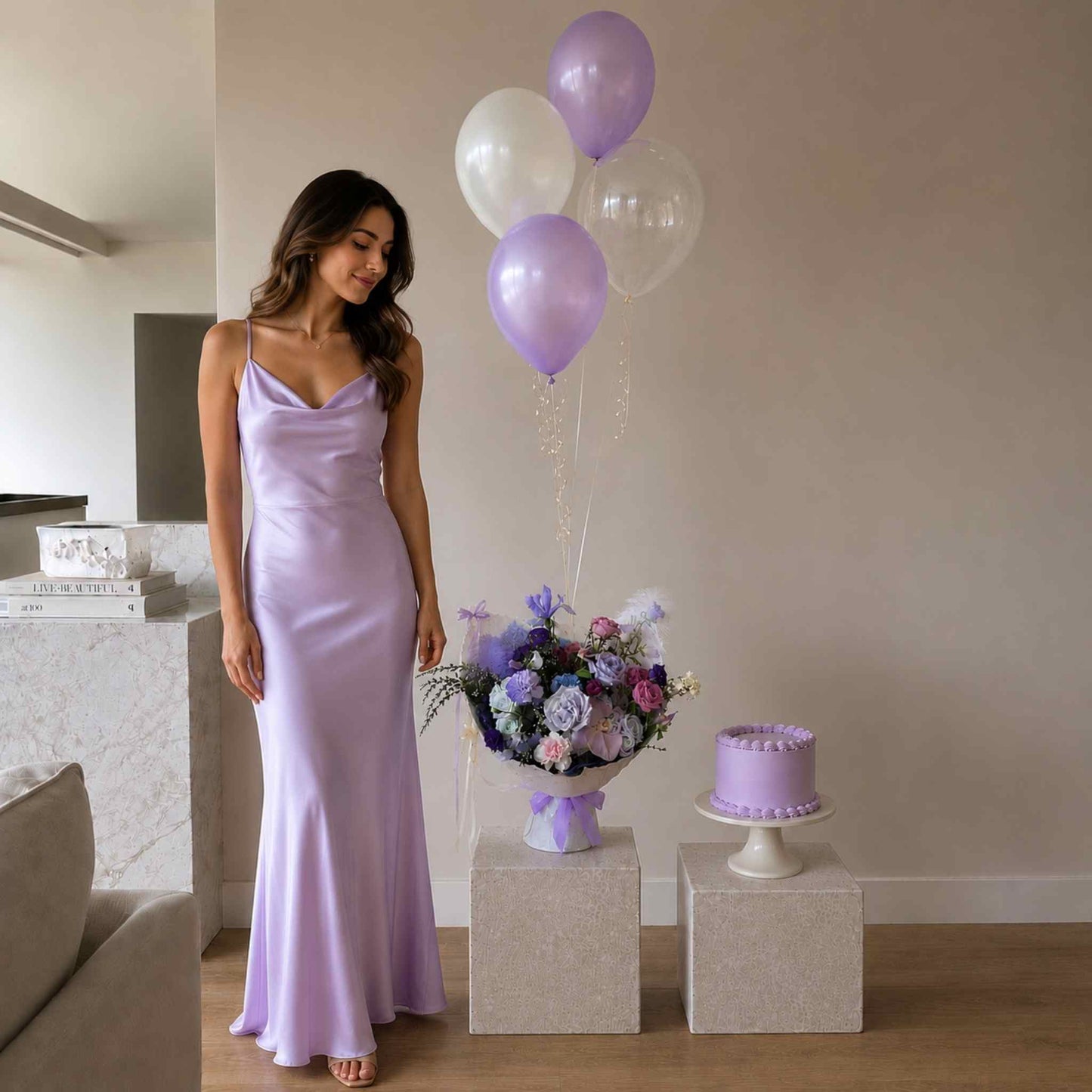 Woman in a lavender dress standing next to balloons and a cake in a room.