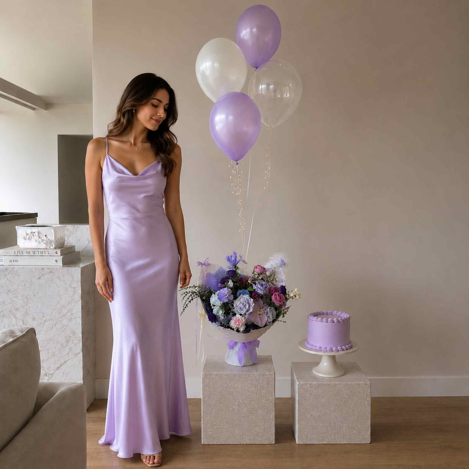 Woman in a lavender dress standing next to balloons and a cake in a room.