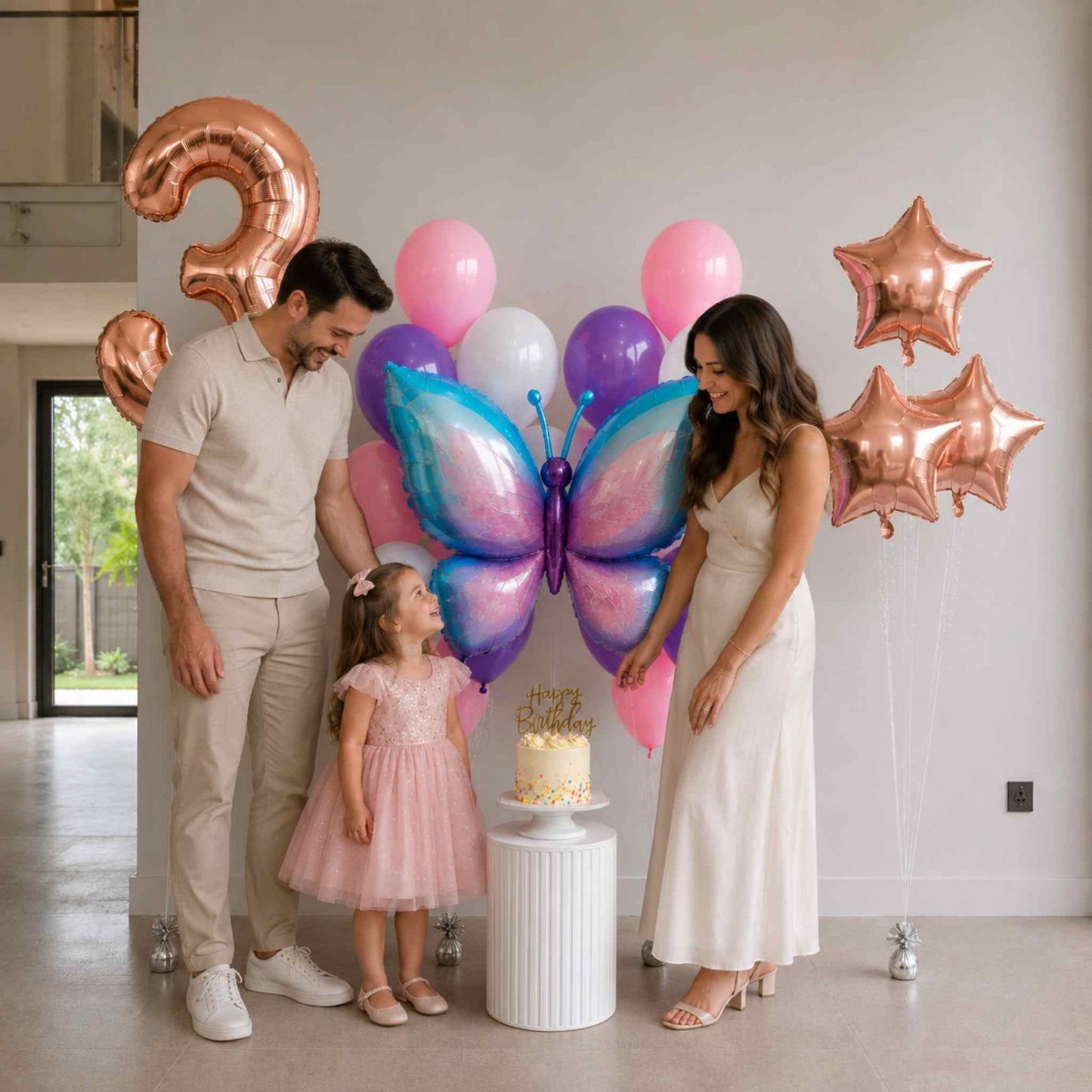 Family with a young girl in a pink dress standing next to a birthday cake and butterfly-shaped balloons.