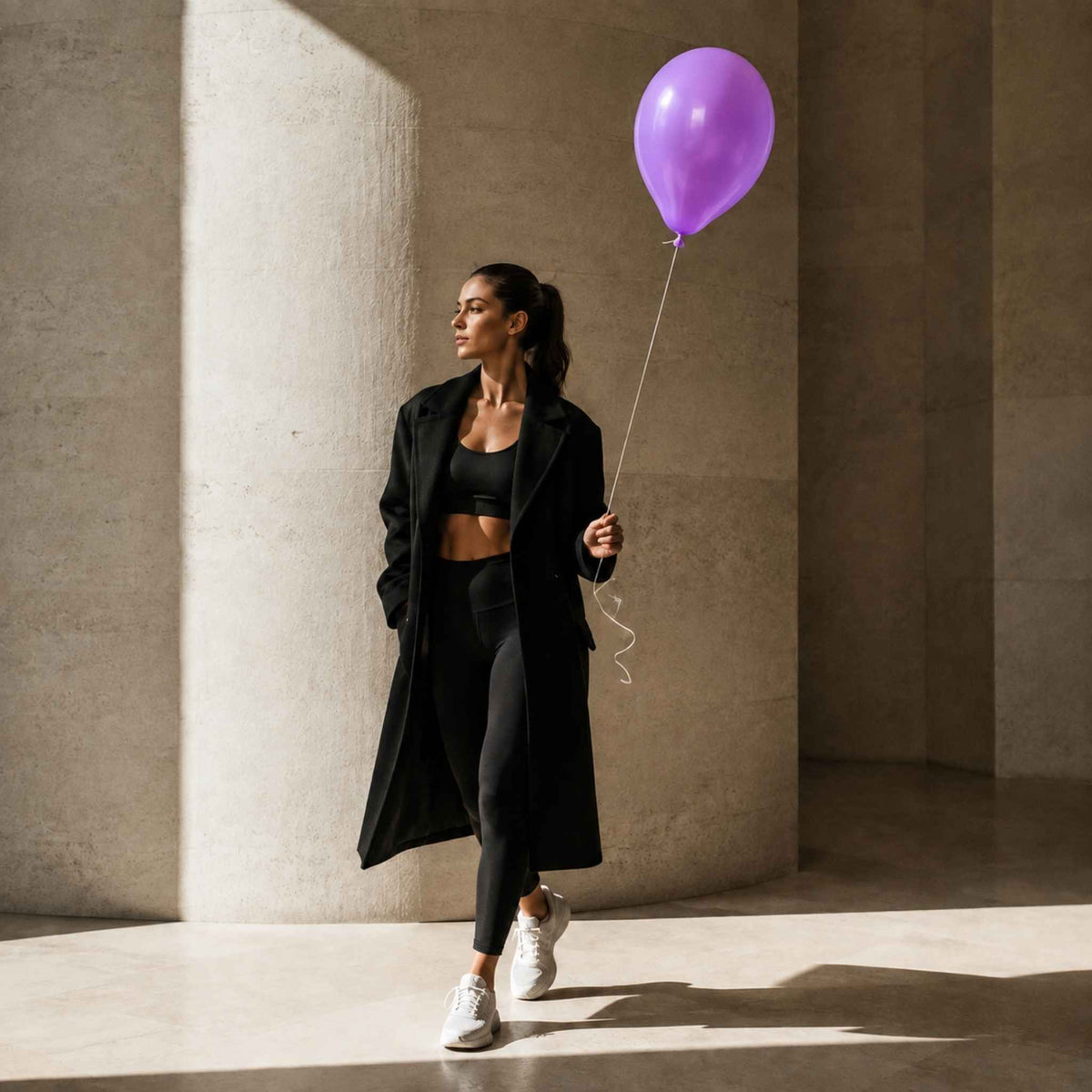 A woman in a black activewear set with a long black coat walks through a sunlit concrete corridor while holding a purple balloon.