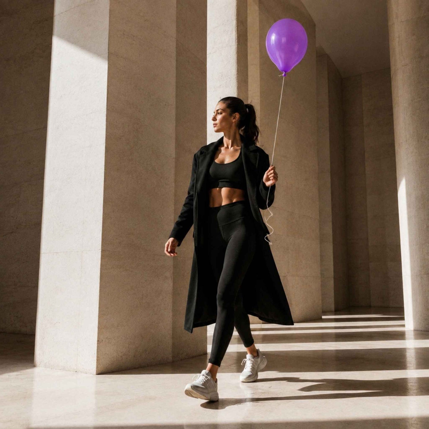 A woman walks through a grand, sunlit stone corridor holding a purple balloon. She is dressed in a black athletic crop top, black leggings, a long black coat, and white sneakers.