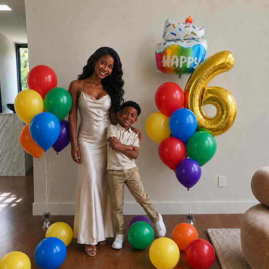 Woman and child standing together with colorful balloons and a birthday cake with number 6, indicating a celebration.