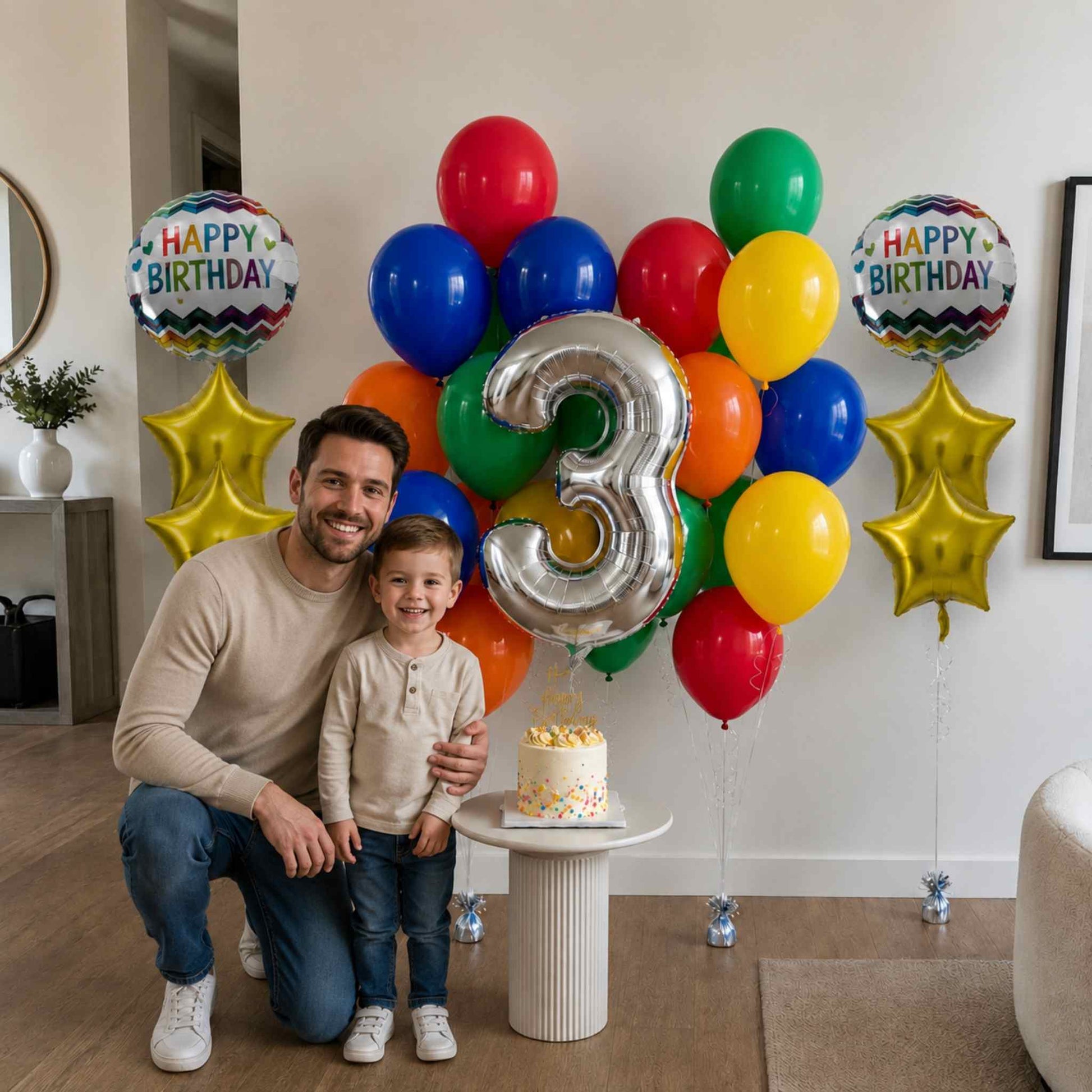 Man and child celebrating a birthday with colorful balloons and a cake.