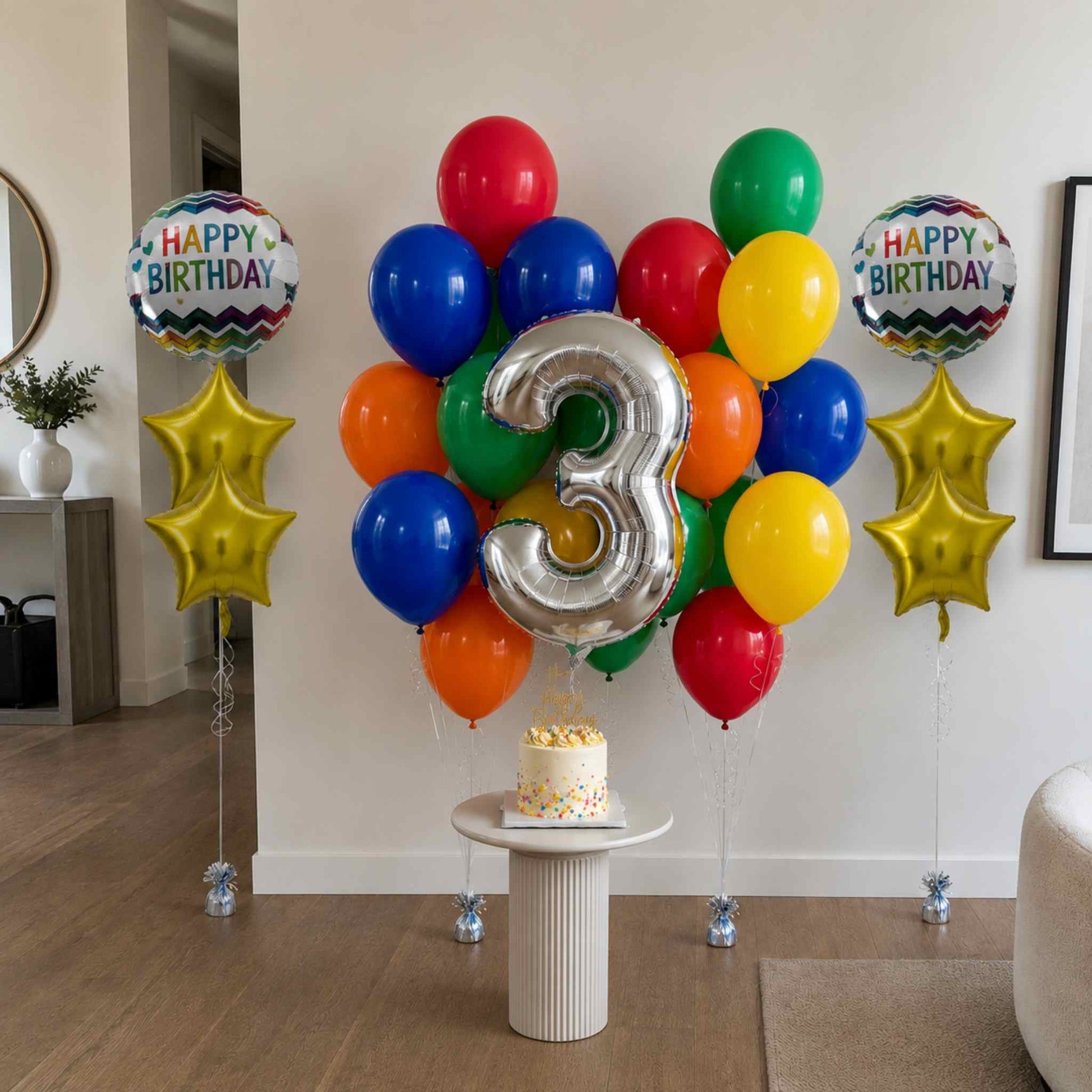 Colorful birthday balloons with a number '3' and a small cake on a pedestal in a room.