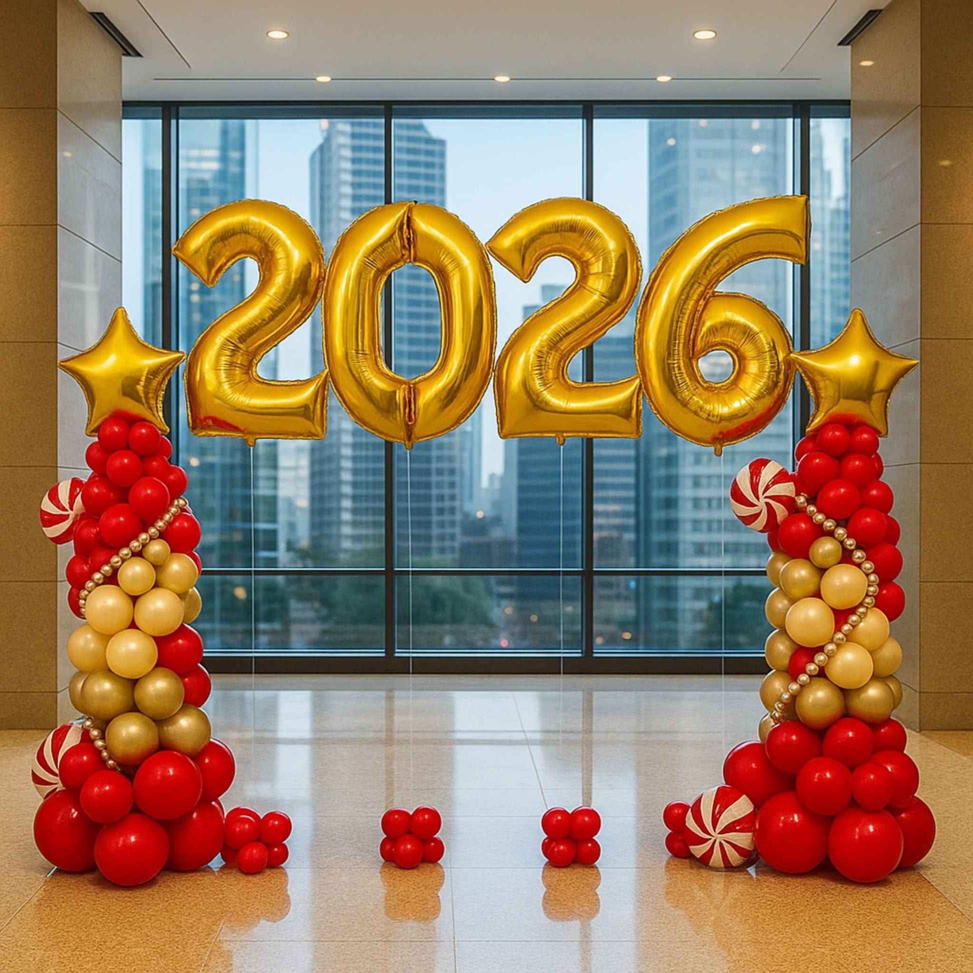 Gold '2026' balloons with red and gold decorations in a modern building lobby.