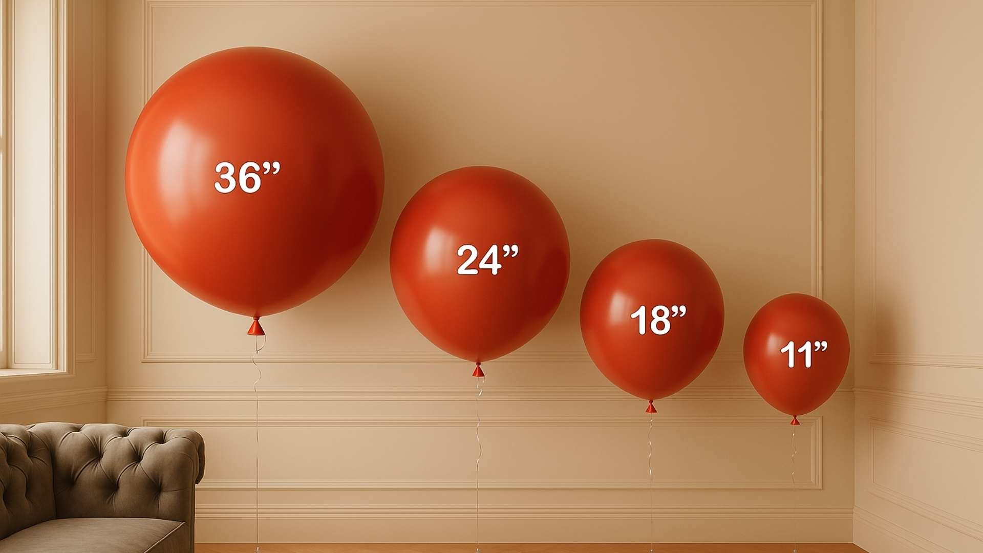 Large red latex helium balloons in 36 inch, 24 inch, 18 inch, and 11 inch sizes displayed side by side to show size difference silver ribbon.