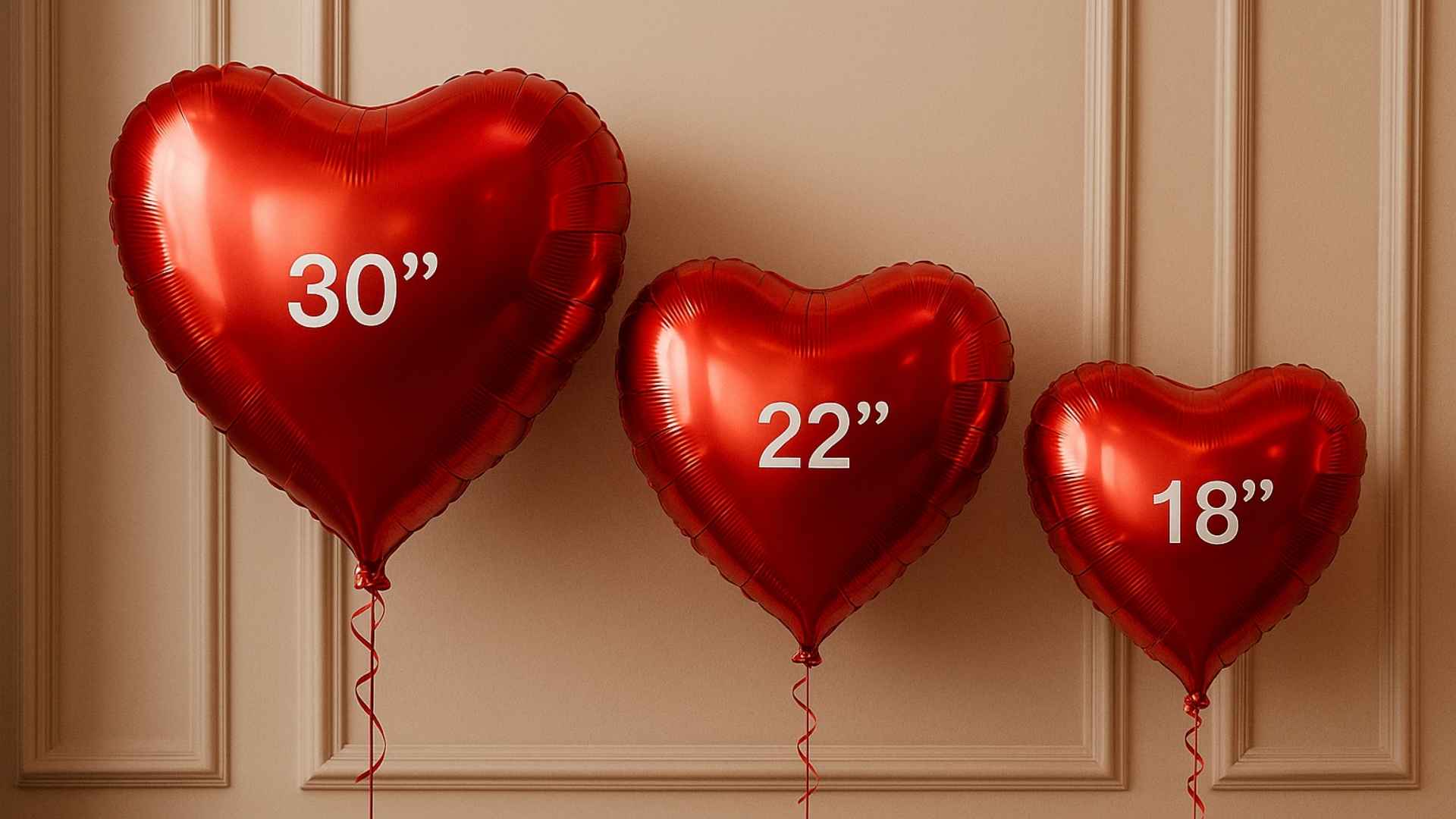 Three red heart-shaped balloons with measurements on a beige wall.
