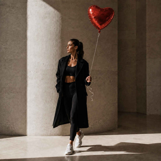 A woman in a black activewear set with a long black coat walks through a modern concrete corridor while holding a red heart-shaped foil balloon.