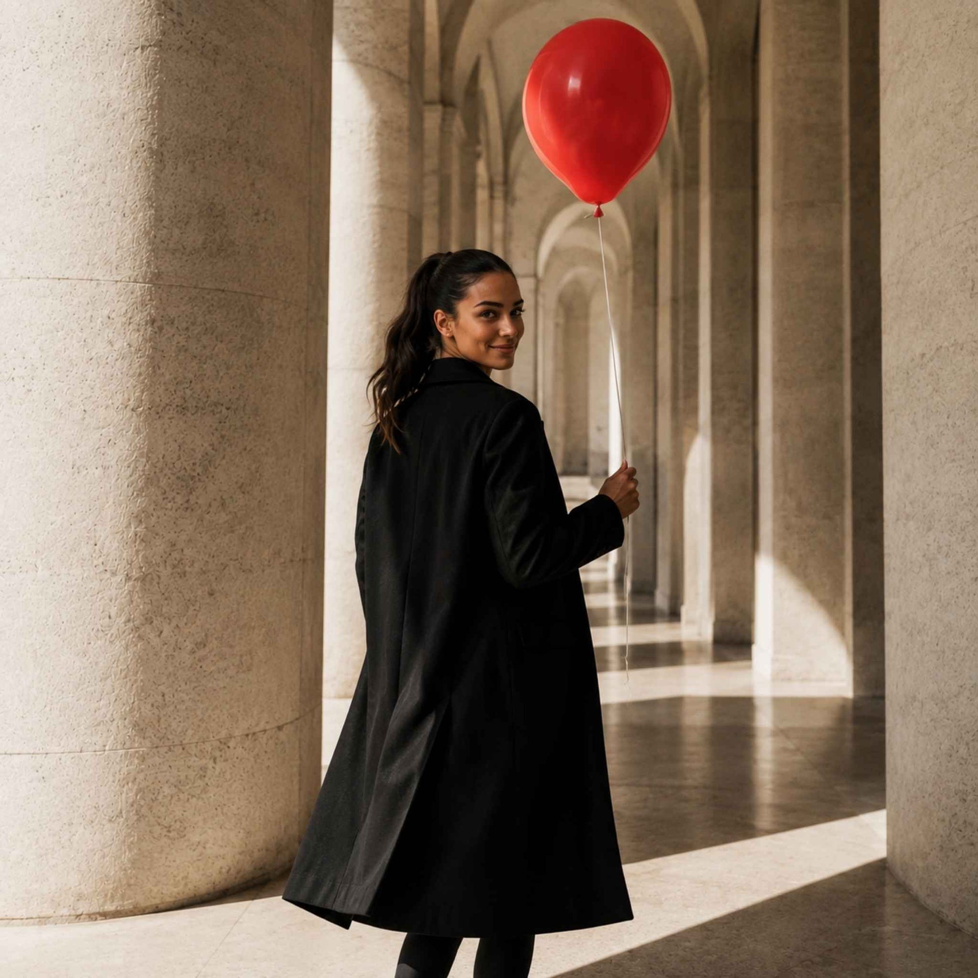 A woman in a long black coat stands in a sunlit stone corridor holding a red balloon, looking back over her shoulder.