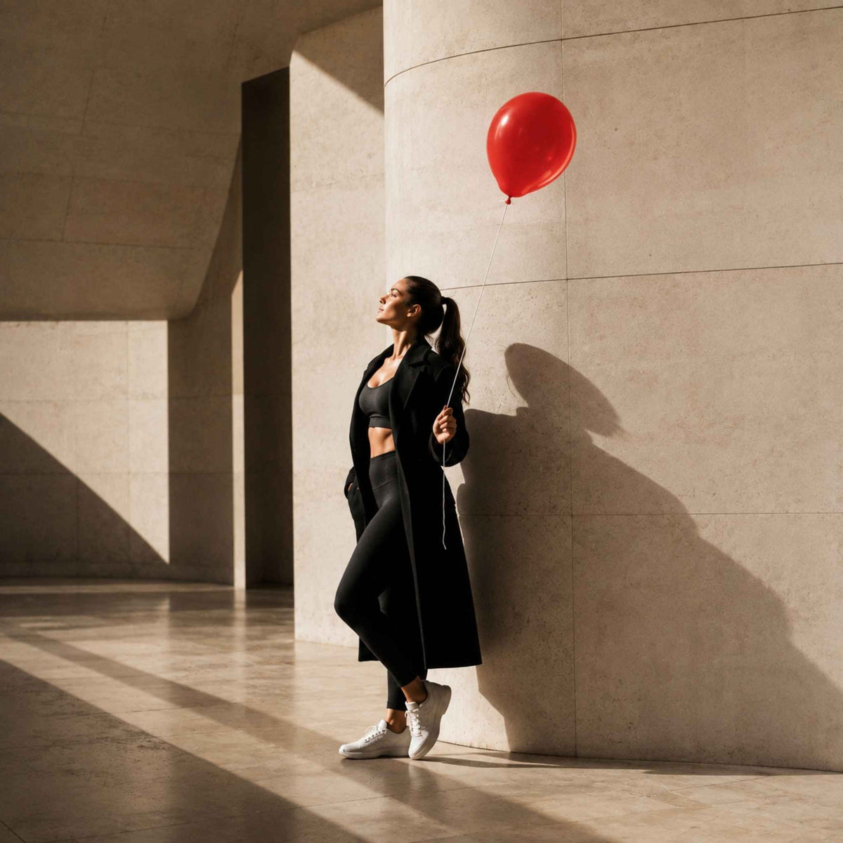 A woman in a black athletic tracksuit and white sneakers stands against a beige stone wall, looking upward toward a floating red balloon.