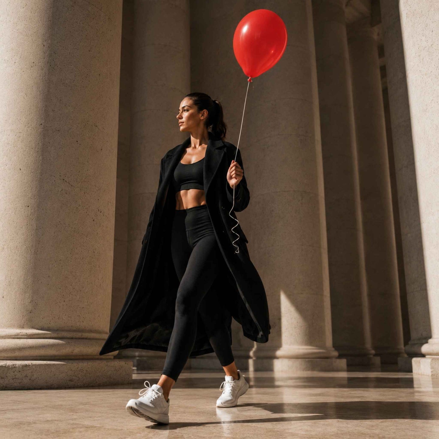 A woman walks through a grand columned hall holding a bright red balloon. She is dressed in a black longline coat, black sports bra, black leggings, and white sneakers.