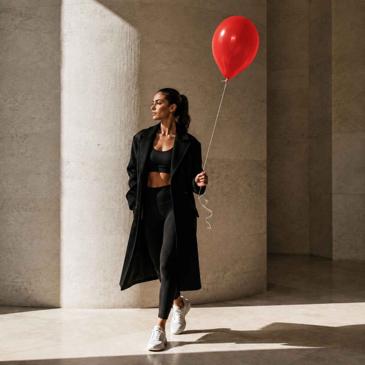 A woman in a black activewear set with a long black coat walks through a modern concrete corridor while holding a bright red balloon.