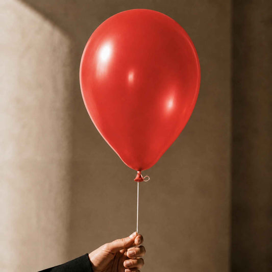 A single matte red balloon held by a hand against a warm beige wall with soft shadows.