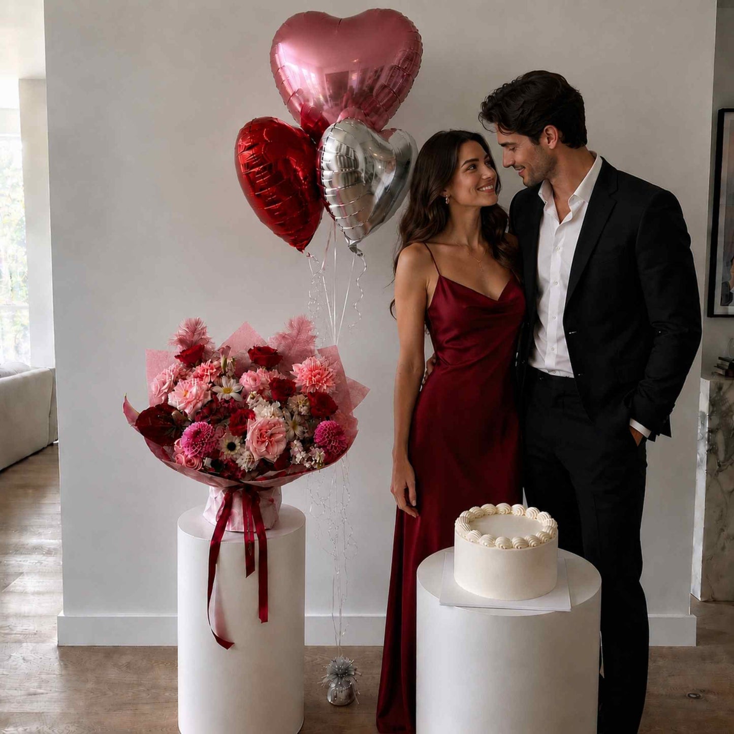 Couple standing together with balloons, flowers, and a cake in a room.