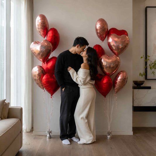 Couple embracing in a room with heart-shaped balloons
