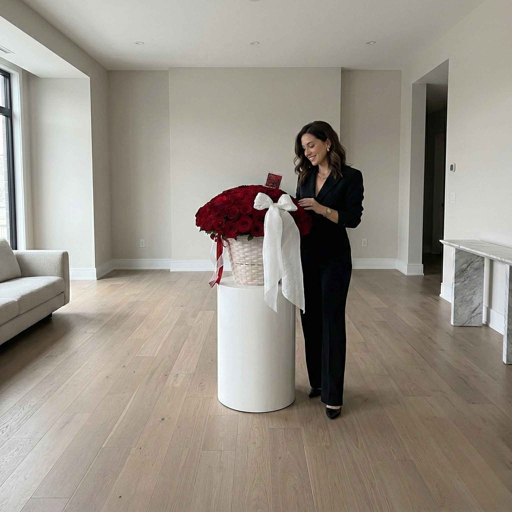 Woman standing next to a large bouquet of red flowers on a pedestal in a modern living room.