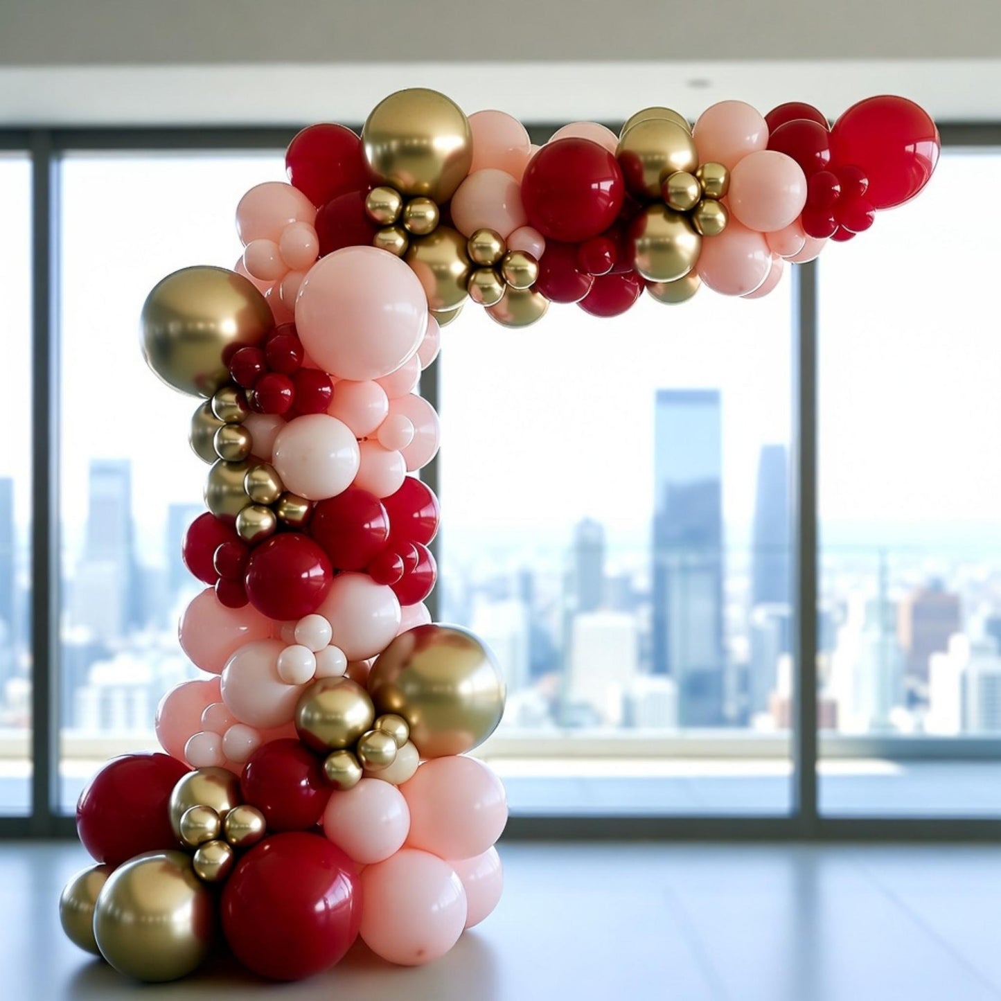 Balloon arch with red, pink, and gold balloons in front of a cityscape.