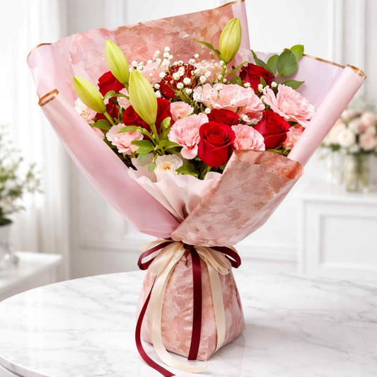 Bouquet of red and pink roses with greenery wrapped in pink paper on a white surface.