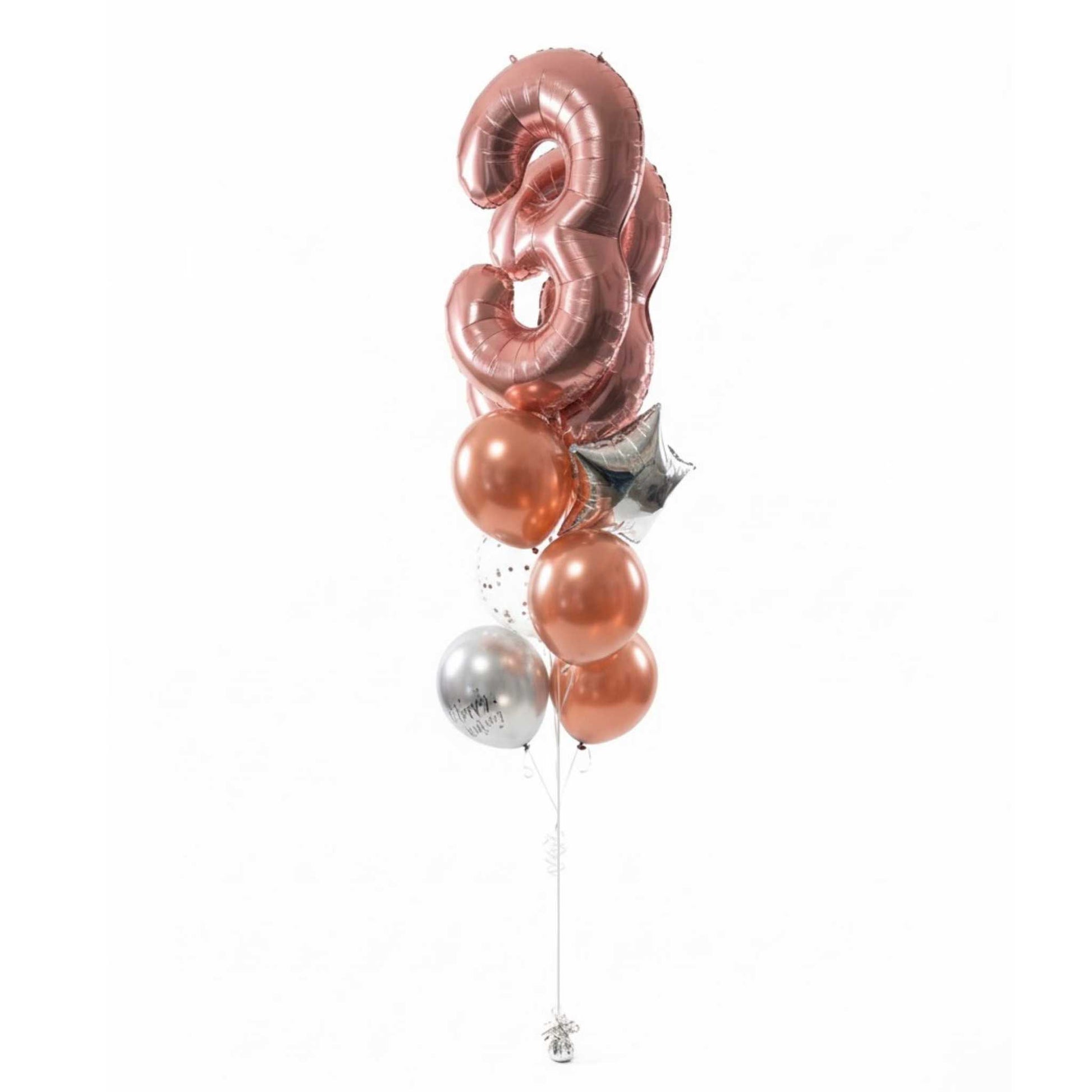Rose gold and silver balloon bouquet with number '3' on a white background
