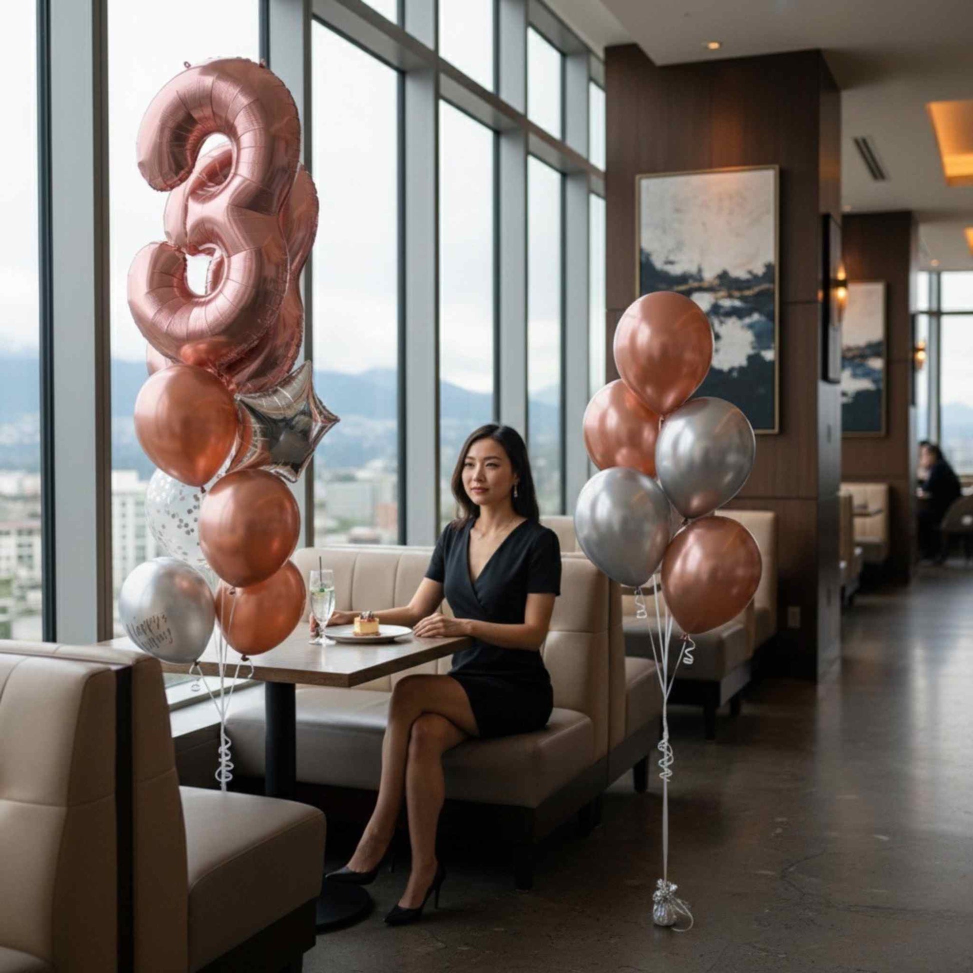 Woman sitting at a table with rose gold and silver balloons in a modern restaurant setting.