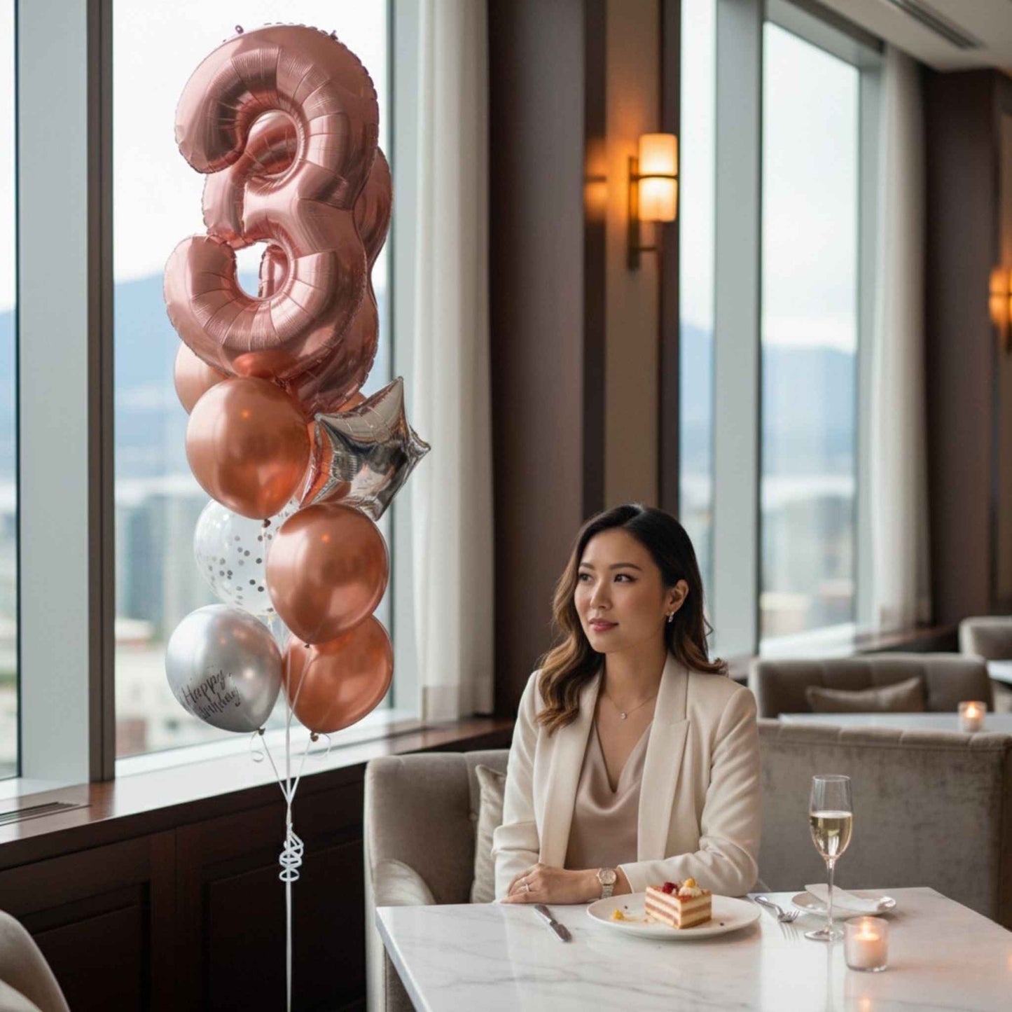 Woman sitting at a table with a cake and balloons in a room with large windows.
