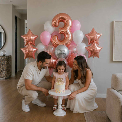 Family celebrating a child's third birthday with balloons and a cake.