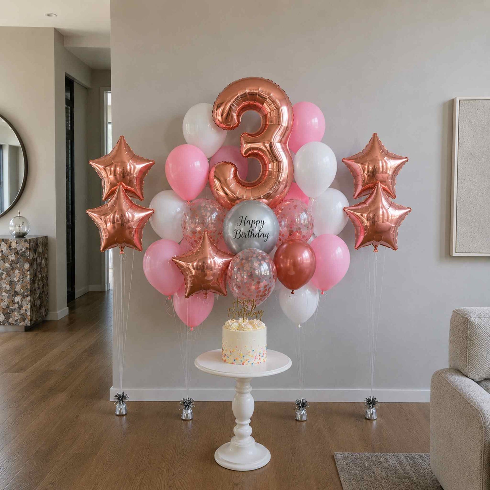 Balloon arch with number 3 and star balloons above a cake on a stand in a room.