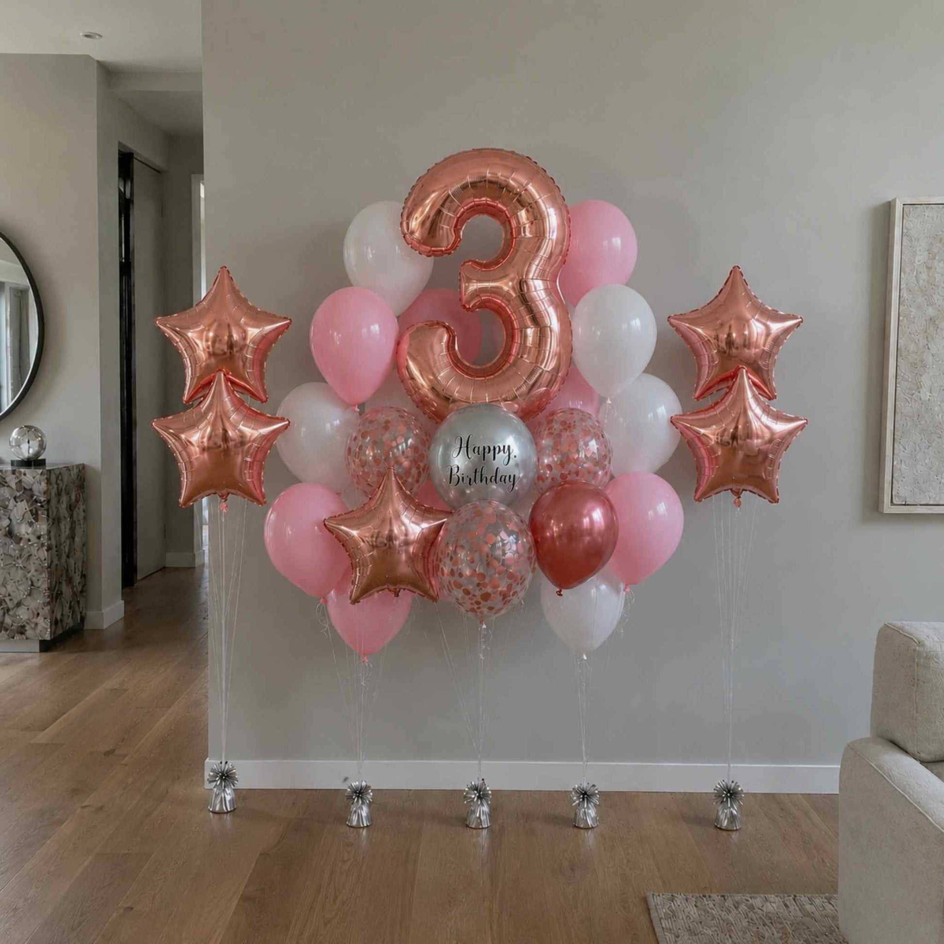 Balloon arrangement with number '3' and stars in rose gold, pink, and white on a wooden floor.