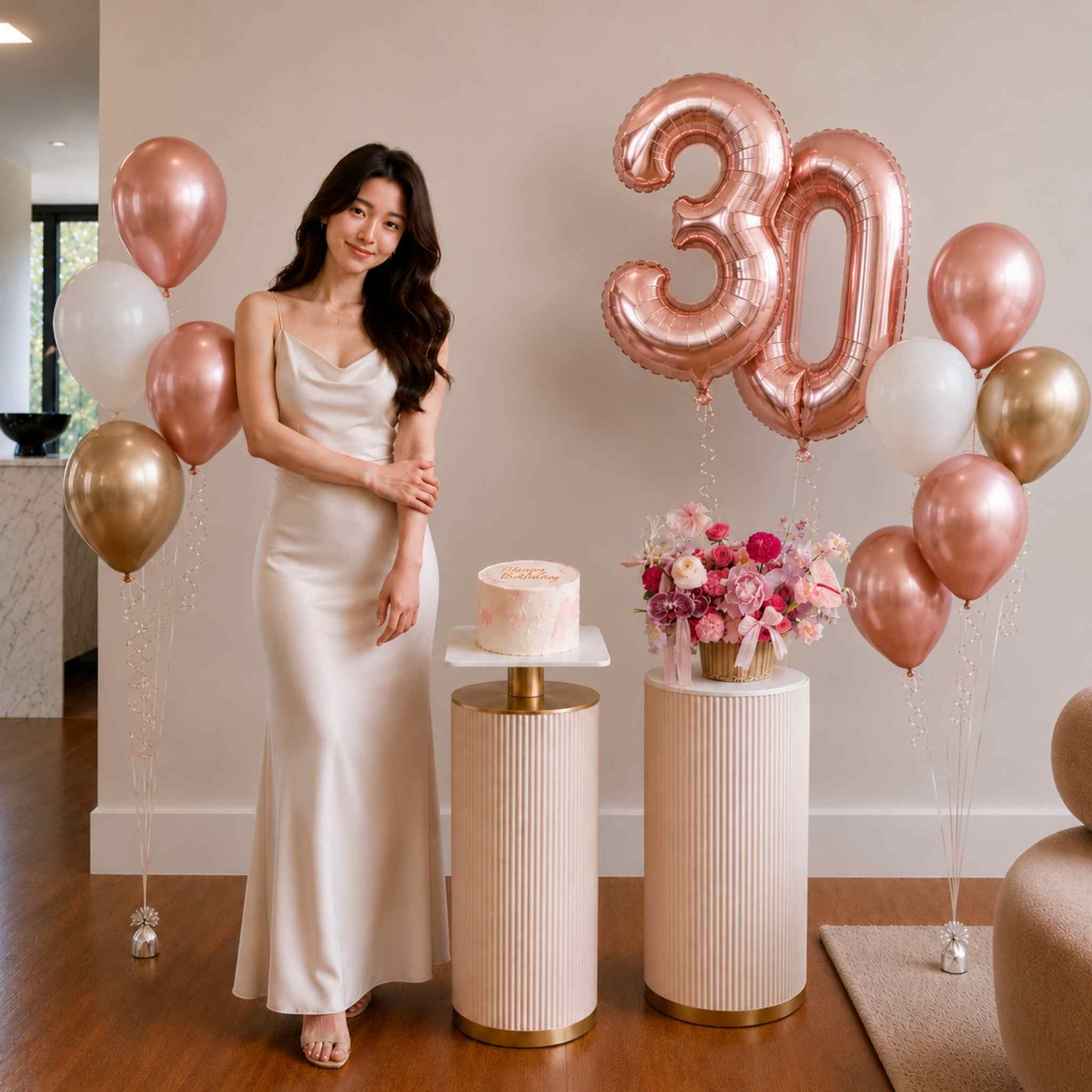 Woman in a white dress standing next to a cake and balloons with '30' on a wooden floor.