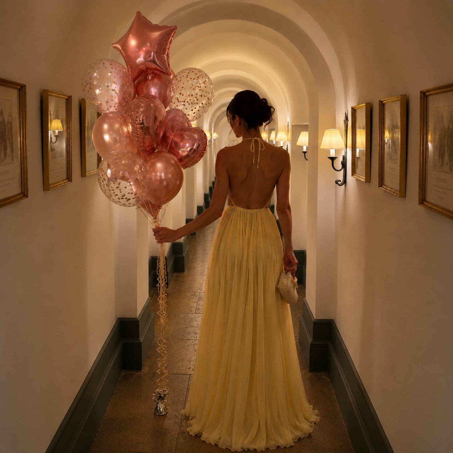 A woman in a flowing pale yellow backless gown stands in a hallway holding a cluster of rose gold and pink balloons, viewed from behind.