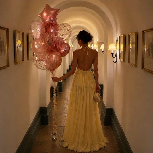 A woman in a flowing pale yellow backless gown stands in a hallway holding a cluster of rose gold and pink balloons, viewed from behind.