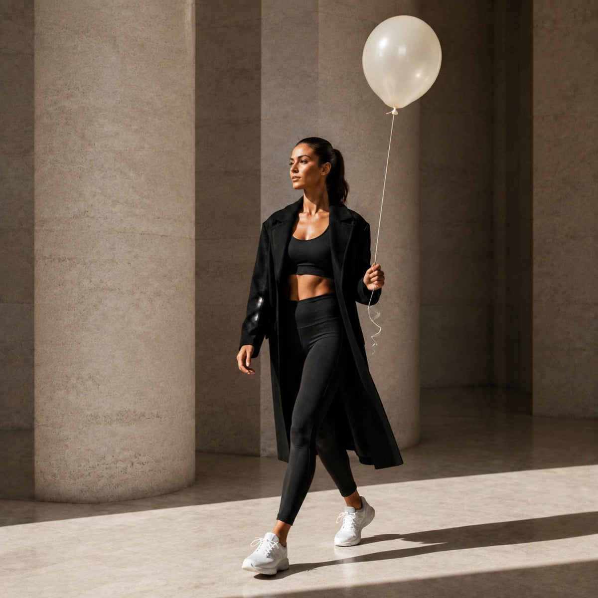 A woman walks through a modern architectural space with large stone columns, wearing a black activewear set with a long black coat and white sneakers, while holding a white balloon.