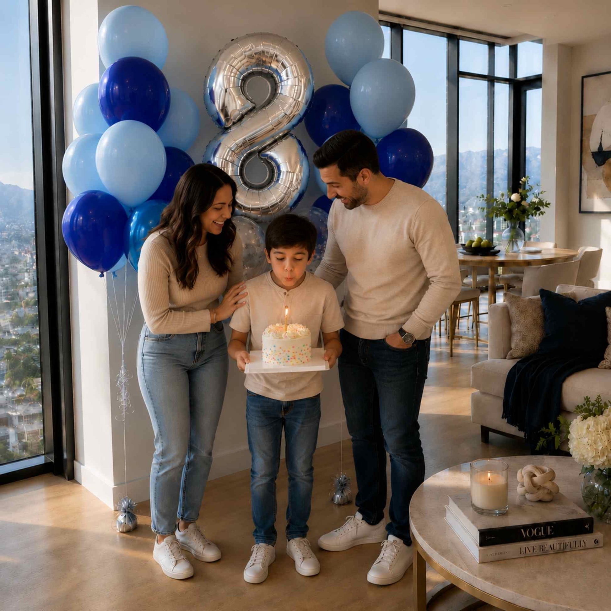 Family celebrating a birthday with balloons and a cake in a modern living room.