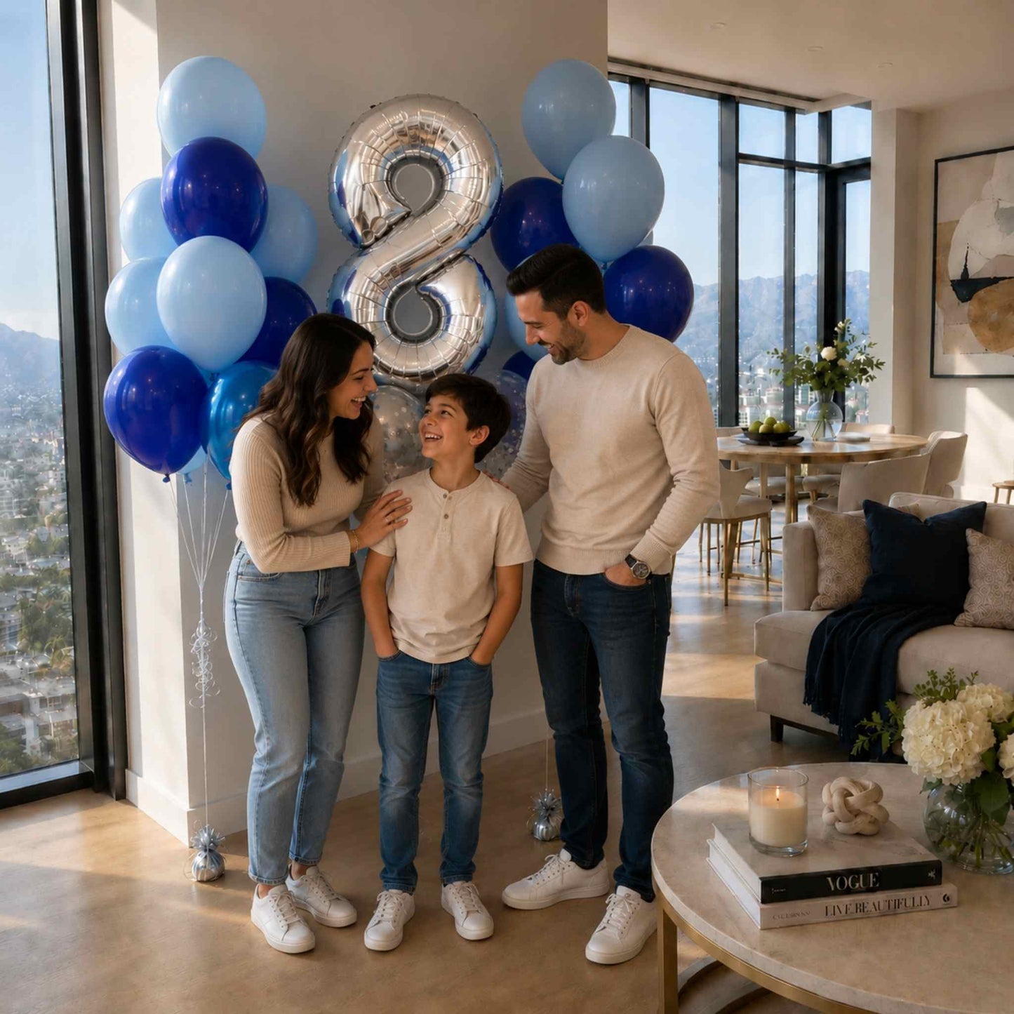 Family of three celebrating a birthday with balloons and a large number 8 in a modern living room.