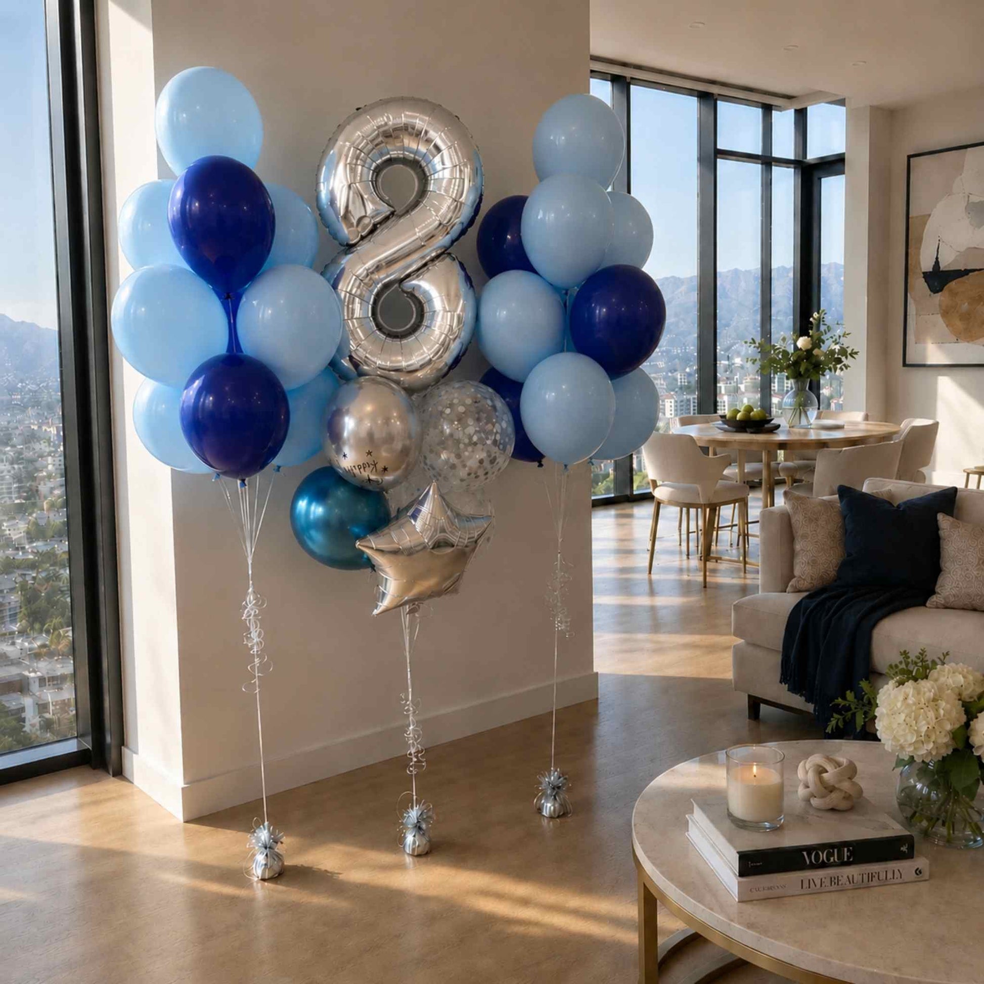 Decorative balloon arrangement with number 8 in a living room setting