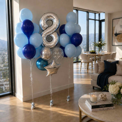 Decorative balloon arrangement with number 8 in a living room setting