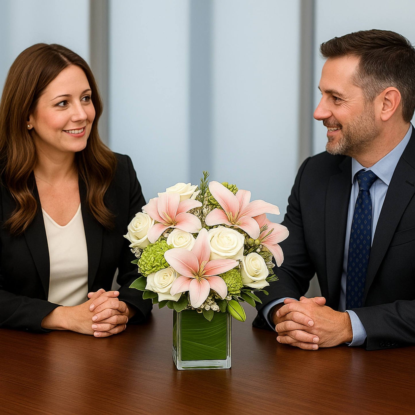 Two professionally dressed individuals sitting at a table with a bouquet of flowers between them.