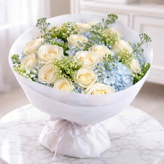 Blue Snow Bouquet of 16 White Roses Flowers