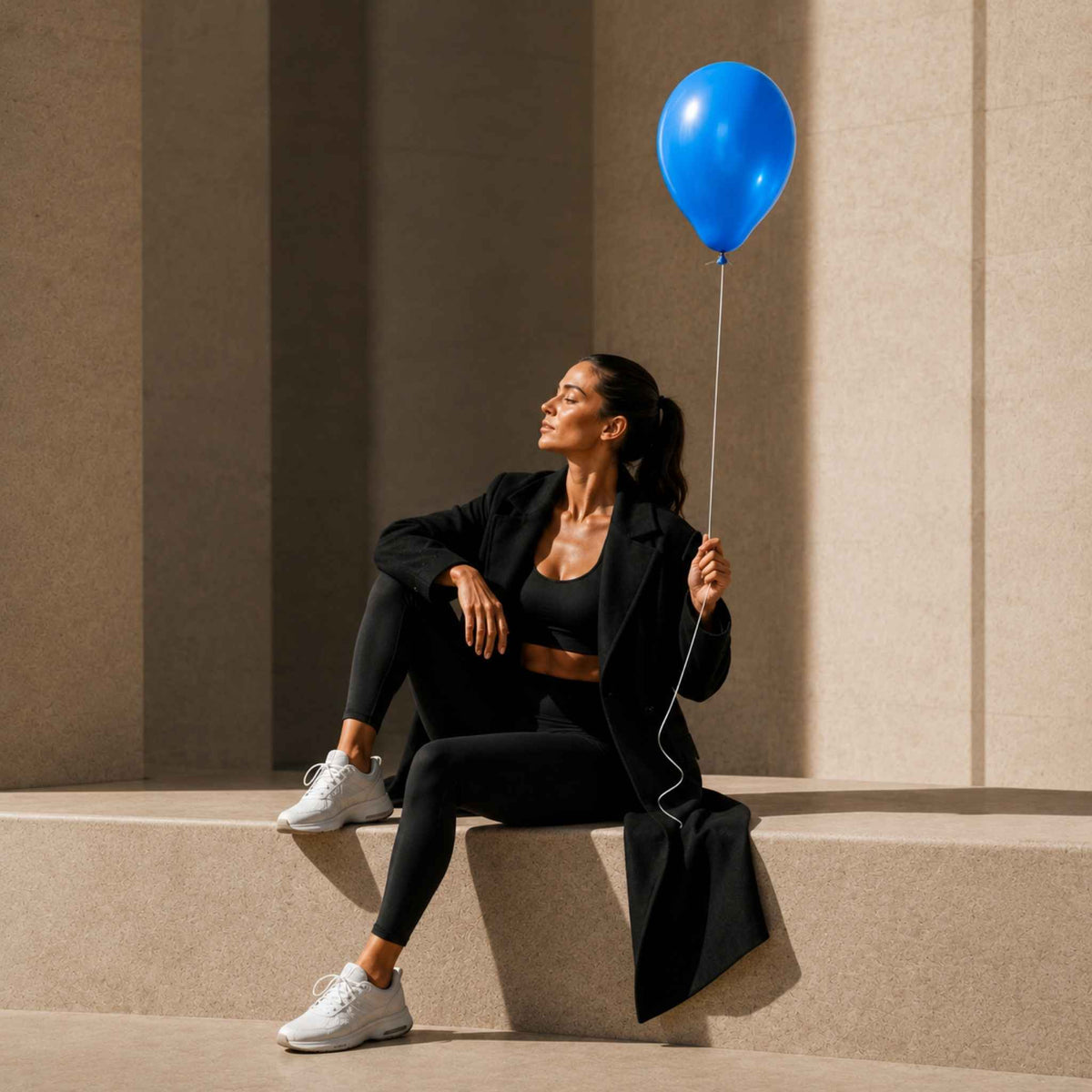 A woman sits on stone steps in a sunlit architectural setting, wearing a black blazer, black sports bra, black leggings, and white sneakers, while holding a bright blue balloon.