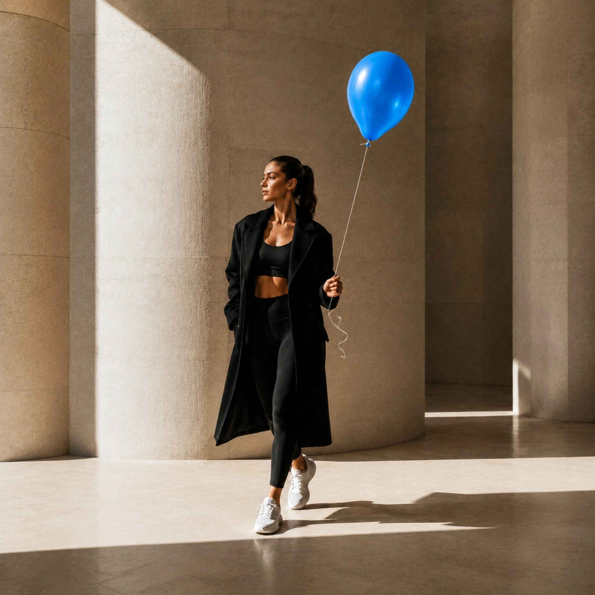 A woman in a black athletic outfit and long black coat walks through a sunlit architectural corridor while holding a bright blue balloon.