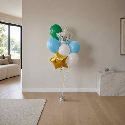 Balloon bouquet with colorful balloons in a living room setting
