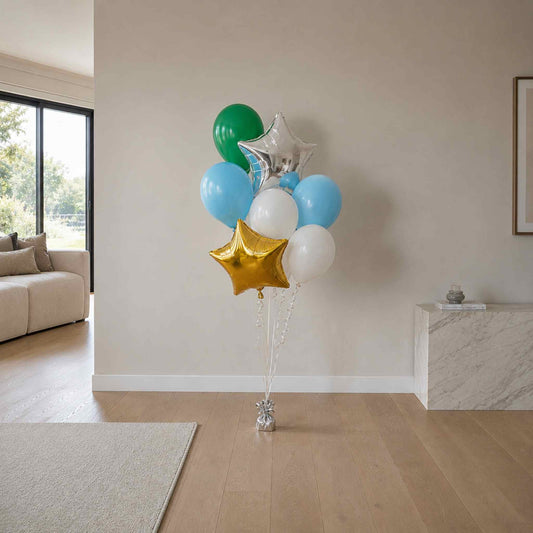 Balloon bouquet with colorful balloons in a living room setting