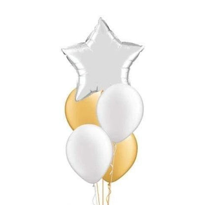 A bouquet of balloons featuring a silver star foil balloon with four white and gold latex balloons, tied together with ribbons.